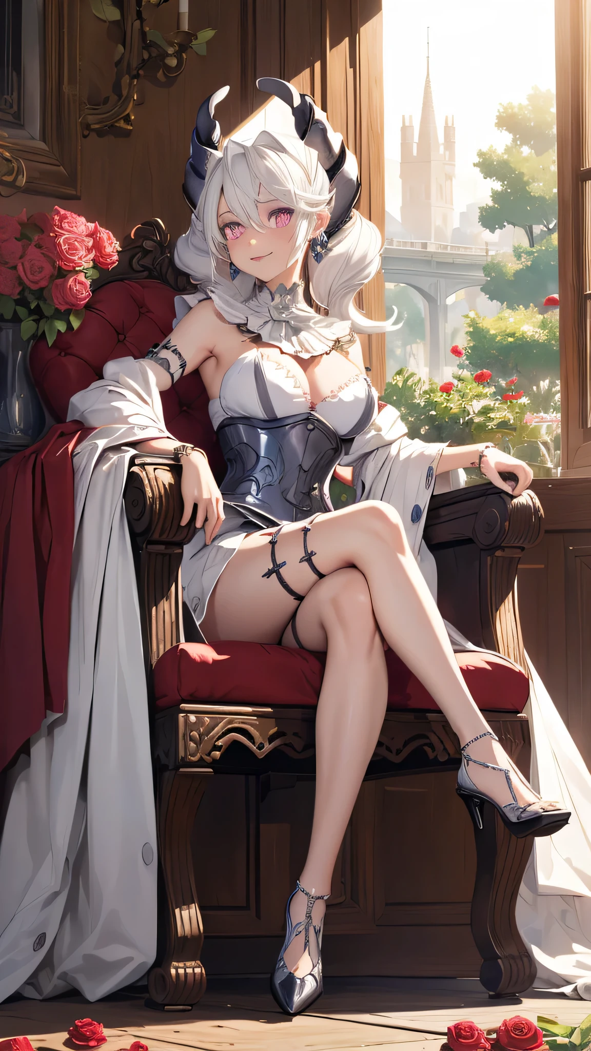 ((masterpiece)),(best quality), ((extremely detailed CG unity 4k wallpaper)),(cinematic lighting), (an extremely shy and beautiful evil girl:1.3),face, fixed eye, closed mouth, hand fixed (++white hair++), pink eyes, long hair, jewelry,earrings, :d, maid,black labrynth,
Large breast ,(garden full of roses), horn ,outdoor, waterfall ,view from side, hand over armchair,  sitting on throne , crossed leg in detailed, all body  , leg fixed, expensive white heels ,shenhedef, shenhernd