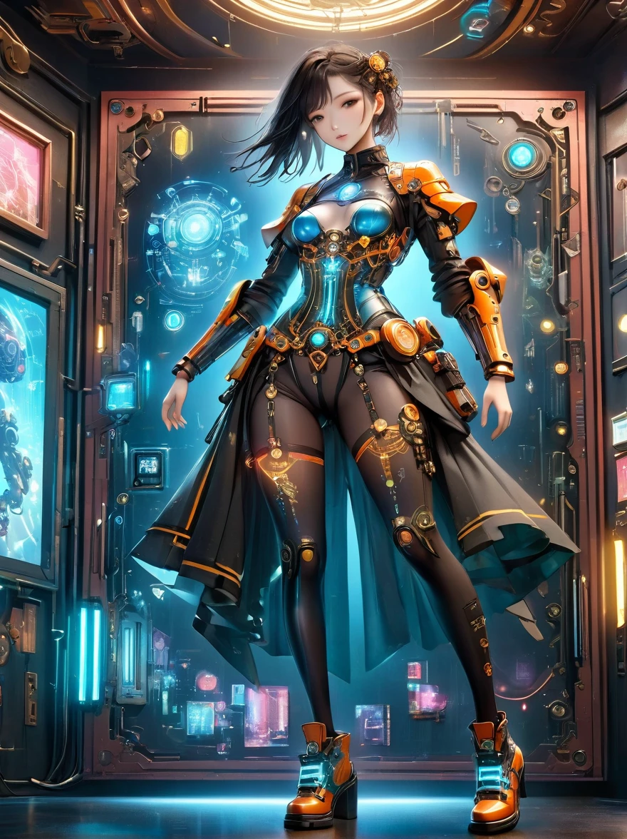 Beautiful female mecha, Translucent mech, Iridescent neon color wiring diagram and LEDs all over face and body, Photo frames and backgrounds mixed and fused with steampunk, Cyberpunk and Clockpunk, Background Analysis Room, (Full body shot), (Mechanical shoes:1.2), (Black laser stockings), Super Fine, Unbelievably ridiculous, Extremely detailed, Delicate and dynamic, Surrealism, rococo style, Cubist Futurism, Futurism, first-person view, pov, (anatomically correct), best quality, 8k, UHD, masterpiece, ccurate, textured skin, super detail, award winning, best quality