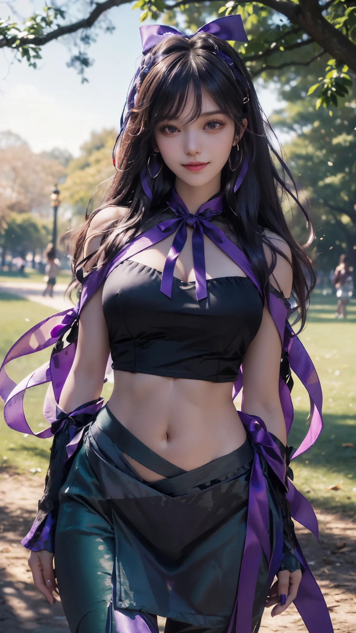 (ultra-realistic realism), (illustratio), (A high resolution), (8K), (The is very detailed), (Best Illustration), (Beautifully detailed eyes), (top-quality), (ultra - detailed), (tmasterpiece), (HD Color), 1 girl, ((24 years old girl)), (A detailed face), solo, 1 girl in, looking at viewert, finedetail, A detailed face, in the darkness nigth, deep shading, low tune, pureerosfaceace_V1, A smile, purple shawl ,straight hair, 46-point diagonal bangs, (beautiful stomach, strips), (beautiful ribbon:1.5), (cropped shoulders), (in the park:1.5), lake, elegent posing,