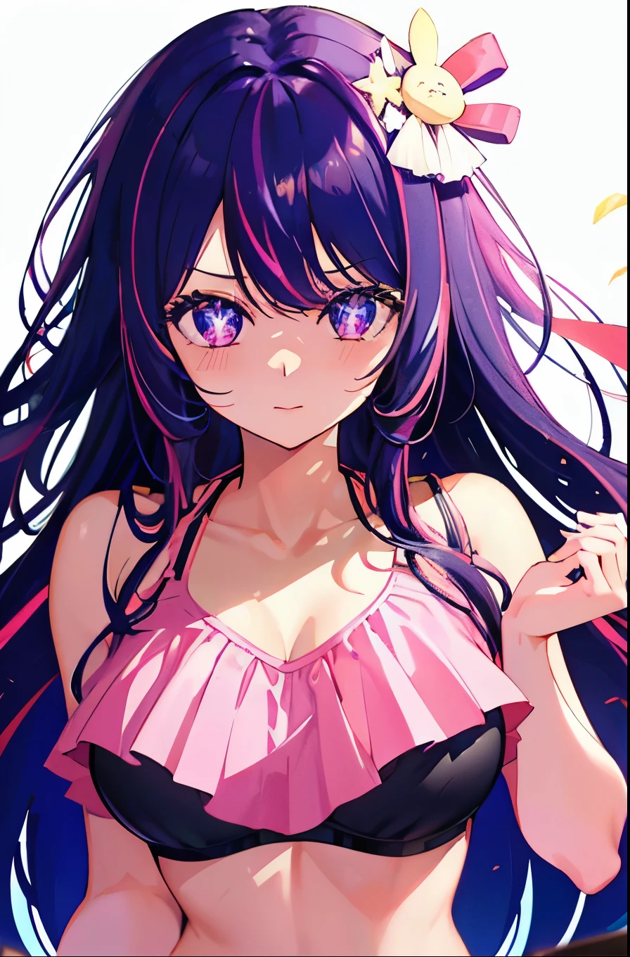 (((masterpiece, best quality, ultra-detailed,))) 1girl, frilled, colorful bikini, (high quality bikini), ultra-detailed bikini, sexy, (leaning forward), cowboy shot, Hide your hands behind your back, Hoshino Ai, long hair, purple hair, streaked hair ,purple eyes, star-shaped pupils, hair ornament, shy, blush-up, 