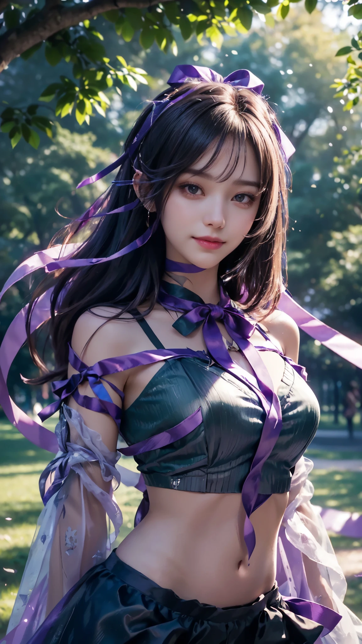 (ultra-realistic realism), (illustratio), (A high resolution), (8K), (The is very detailed), (Best Illustration), (Beautifully detailed eyes), (top-quality), (ultra - detailed), (tmasterpiece), (HD Color), 1 girl, ((24 years old girl)), (A detailed face), solo, 1 girl in, looking at viewert, finedetail, A detailed face, in the darkness nigth, deep shading, low tune, pureerosfaceace_V1, A smile, purple shawl ,straight hair, 46-point diagonal bangs, (beautiful stomach, strips), (beautiful ribbon:1.5), (cropped shoulders), (in the park:1.5), lake, elegent posing,