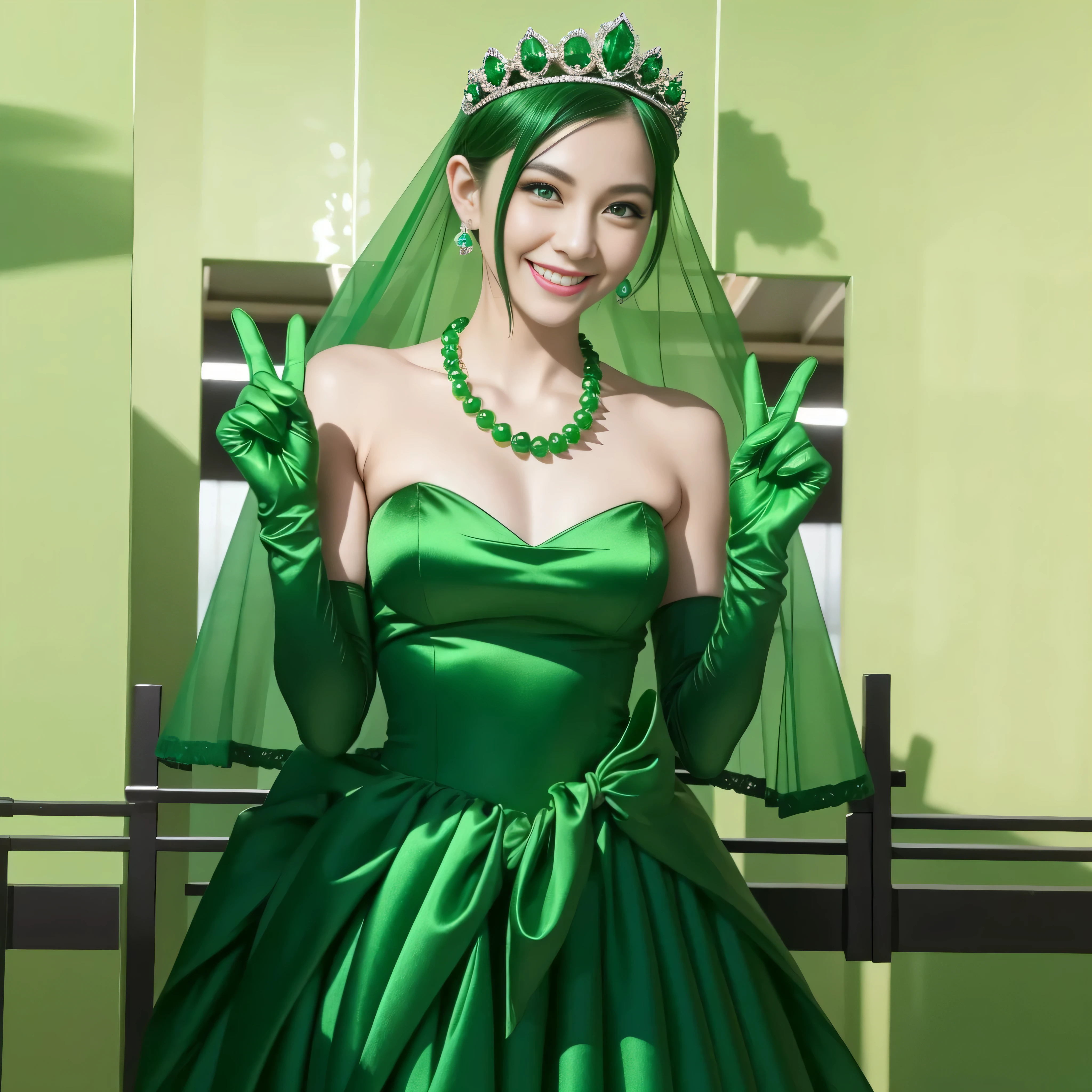 Emerald tiara, Green Pearl Necklace, Boyish very short green hair, lipstick, Smiling Japanese woman, Very short hair, Big and beautiful, Green Eyes, Long green satin gloves, Green Eyes, v sign, Emerald Earrings, Green veil