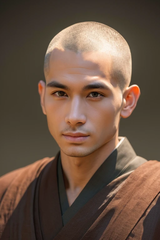 ((Top Quality)), ((Masterpiece)), (Illustration) Beautiful Man is a Japan Monk, Beautiful Eyes, Round Shaved Head, Moon Ring, Intelligent Face, Zen, Whole Figure.