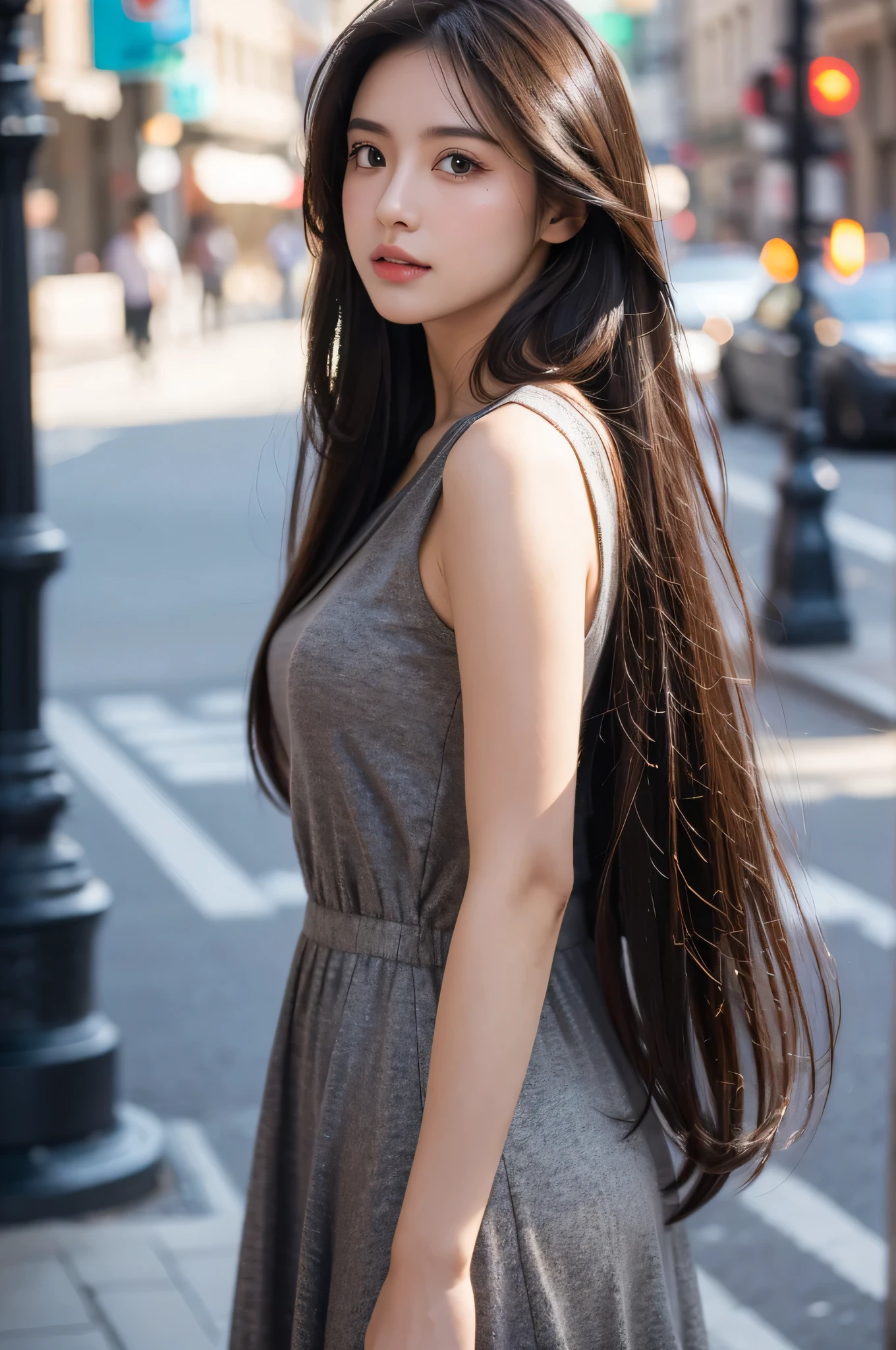 Stable Diffusion prompt:
a girl, long hair, dark brown hair, street dress, detailed eyes, detailed lips, beautiful face, confident expression, natural lighting, highres, realistic, vivid colors, urban landscape style, bokeh