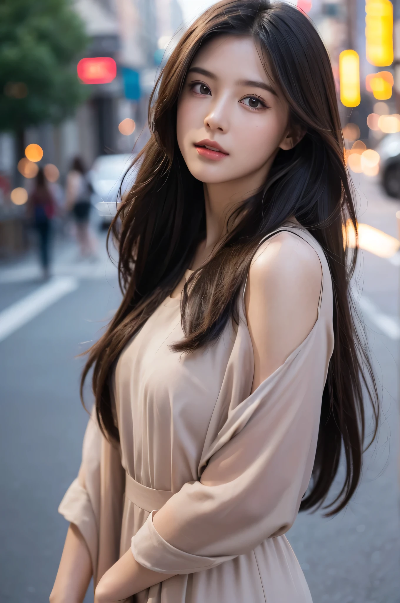 Stable Diffusion prompt:
a girl, long hair, dark brown hair, street dress, detailed eyes, detailed lips, beautiful face, confident expression, natural lighting, highres, realistic, vivid colors, urban landscape style, bokeh