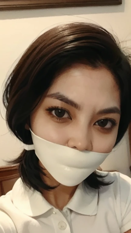 masterpiece, best quality, highres, female, 1girl, wearing indonesian high , selfie, close up, black long hair with front bang, white shirt, light blue tie, 17 yo, green wall, gagged, ball gag, tape gag