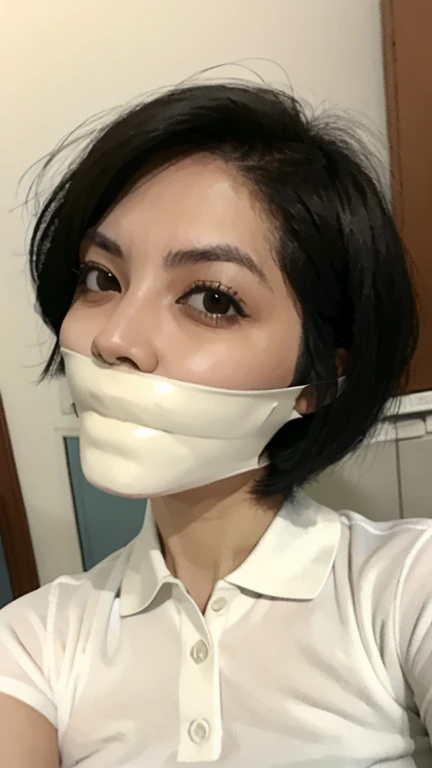 1 woman, white polo shirt , wavy bob cut hair, malay, black eyes, 23 year old, Best Quality, selfie, gagged