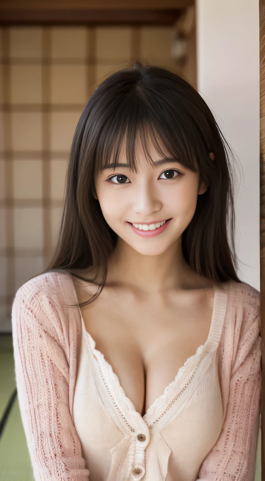 masterpiece,best quality,(Japanese ),((Beautiful girl)),cleavage,indoor,(perfect body beauty:1.2),(shy smile),beautiful teeth,