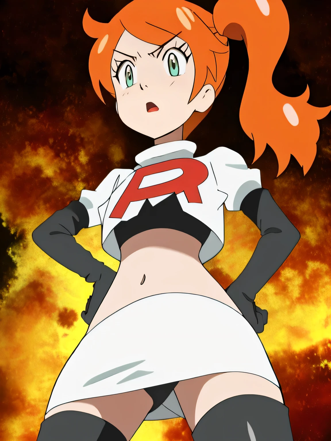 1girl, solo ,sonia, side ponytail,orange hair, heart hair ornaments, aqua eyes ,glossy lips, earings 8k, masterpiece,highres,team rocket uniform, red letter r, white skirt,white crop top,black thigh-high boots, black elbow gloves, glaring angrily, looking down at viewer, hands on hips, cowboy shot, zettai ryouiki,from below, black panties,anime style, vivid colors, sharp focus, intense lighting,sexy pose