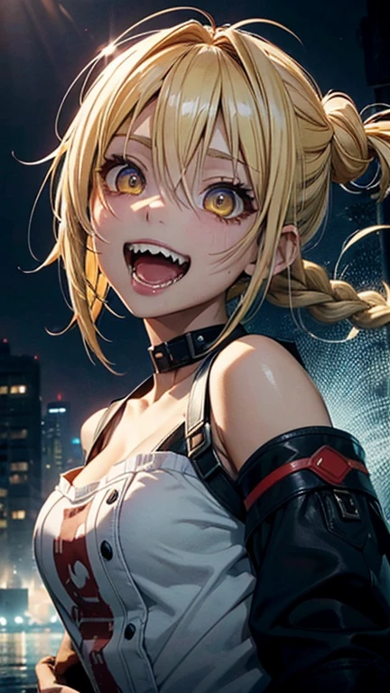 solo,1female\(cute,kawaii,age of 15,zombie,skin color blue,sharp teeth,big smile,open mouth big,fun,enjoy,dynamic pose,yellow eyes,big eyes,blonde hair,hair floating,braid hair,red water on face\),background\(outside,shiny,\),trying to eat viewer,comming to viewer,[nsfw:2.0],close up, BREAK ,quality\(8k,wallpaper of extremely detailed CG unit, ​masterpiece,hight resolution,top-quality,top-quality real texture skin,hyper realisitic,increase the resolution,RAW photos,best qualtiy,highly detailed,the wallpaper,cinematic lighting,ray trace,golden ratio,\),from above