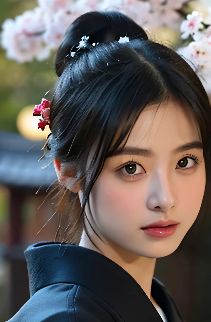 fuji xt3 raw photo, masterpiece, best quality, realistic, detailed, high quality, masterpiece, detail, perfect face, extremely detailed face, long hair with long bun behind and bang,close up. [smile at camera], wear black kimono, at sakura temple, blur background, soft light 1.8, light bloom, bokeh. middle age era