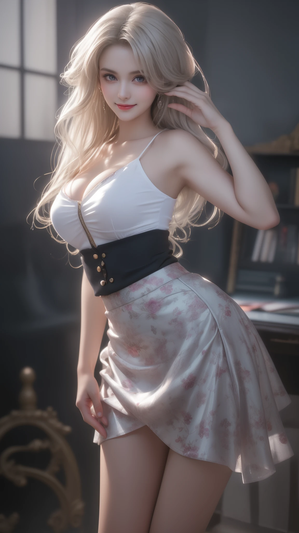 (8K, highest quality, masterpiece:1,2), (realistic, Photoreal:1.37), Super detailed, one girl,), (very detailed), (detailed and beautiful eyes), ((((highly detailed artwork))))、Earrings、Collared shirt、Two-toned hair、ponytail、(((Inside a stylish secondhand clothing store)))、(masterpiece、Highest quality、In 8K、32K、masterpiece、Super huge 、Ultra-high resolution、Impressionism、Realistic:1.2)、((Cowboy Shot))、(sitting on floor)),  Sharp focus、Beautiful face with detailed background of face and eyelids、Glowing Skin、Sharp pupils、Realistic eyes and beautiful face、Blurred Background、Beautiful 28 year old girl、Glowing Skin、(((bright and beautiful hair)))、iris、(((Oversized tank top)))、(((Knee-length skirt)))、Thighs、curve、Powerful composition、(long tattoo in a leg), ((seductive looks))、((horny expression))、sweating、((Pink-beige hair color))、High nose、(Small Mouth)、Skirt tearing、stockings、clerk、(Wearing a name tag)、Inside the fitting room、((big and natural breast)), fullbody,  busted midriff, (detailed legs),  pearl necklace, nipples