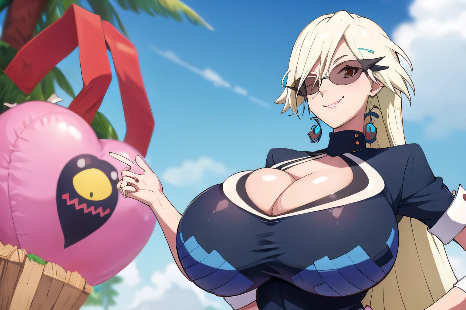 super gigantic breasts,cute smile,cleavage cutout,wear sunglasse,sexy pose