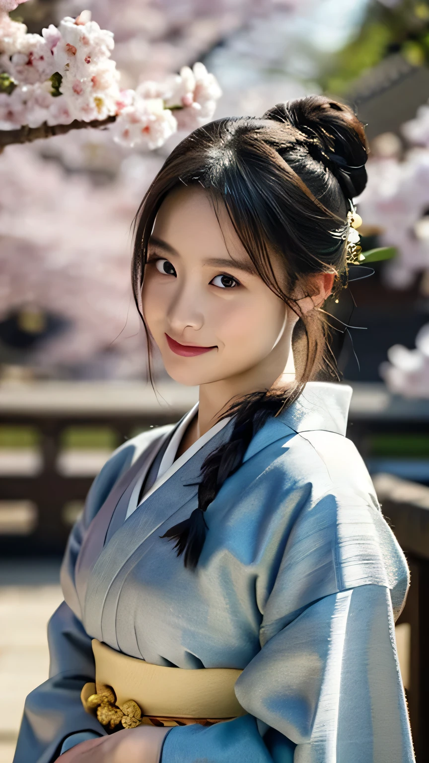 fuji xt3 raw photo, masterpiece, best quality, realistic, detailed, high quality, masterpiece, detail, perfect face, extremely detailed face, long hair horse braid with bun behind and bang,close up. [smile at camera], wear black kimono, at sakura temple, blur background, soft light 1.8, light bloom, bokeh. middle age era