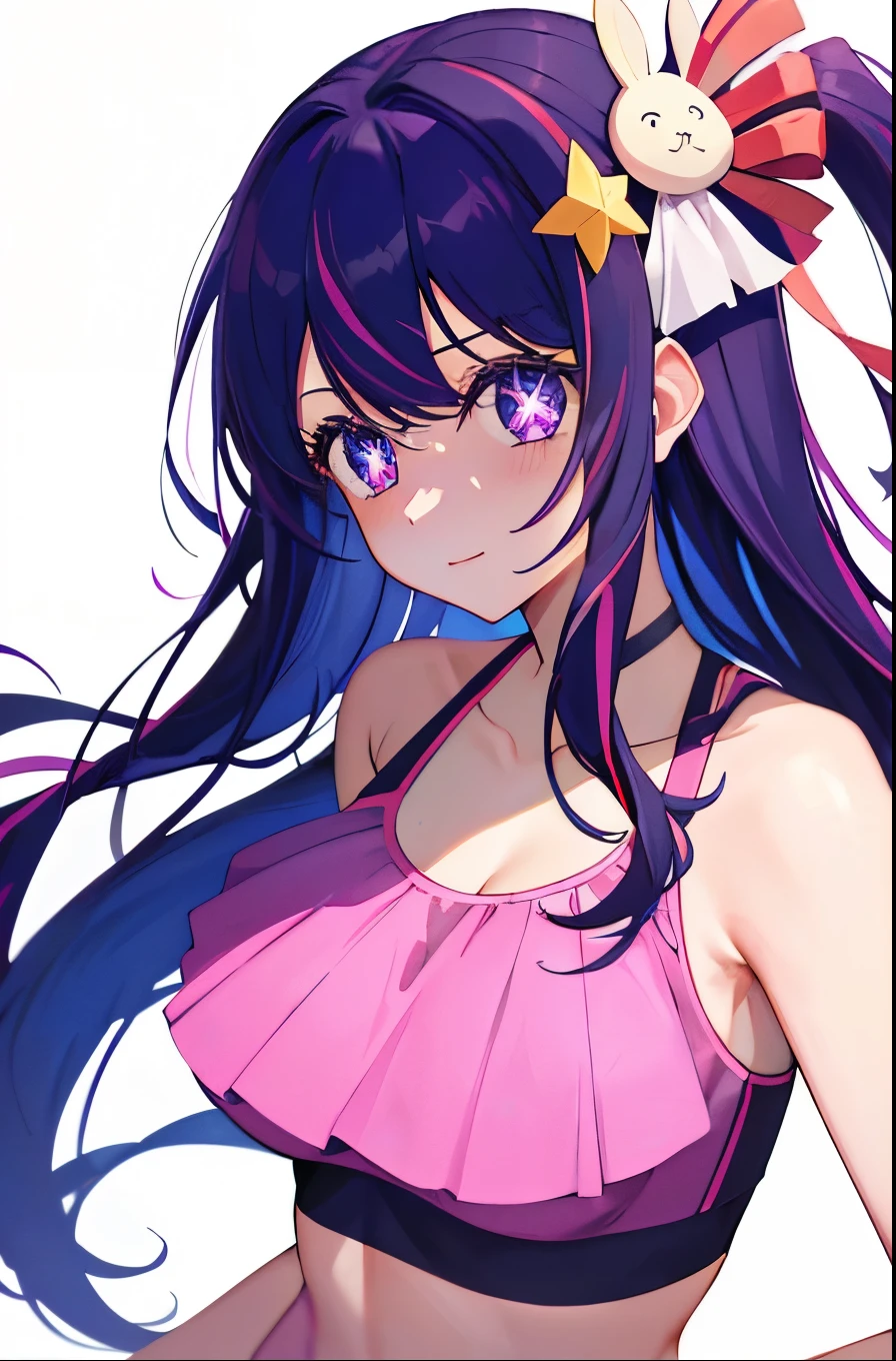 1girl, Hoshino Ai, Long hair, purple hair, Streaked Hair ,violet eyes, star-shaped pupils, hair ornament, (tmasterpiece), (beste-Qualit), (overdetalization),(messy hair),(illustartion), (a 1girl), stands, Model, looks at the viewer, (interview), (Simple background), beautiful detail eyes, Gentle beautiful face, soaring, (high saturation), (Colorful splashes), Colorful Bubble, (radiance), facial focus, (radiance), better lighting, better shadow, (tmasterpiece, hiquality, beste-Qualit), Happy, super happy, big breast, sports bra, sexy, hot, big breast, cleavage , summer outfit, bikini, swim suit
