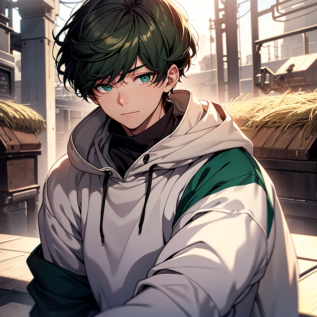 Soft boy with twenty years old,white shortcut hair,green sleepy eyes ,soft smile,sweatshirt