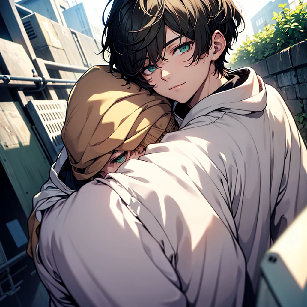 Soft boy with twenty years old,white shortcut hair,green sleepy eyes ,soft smile,sweatshirt
