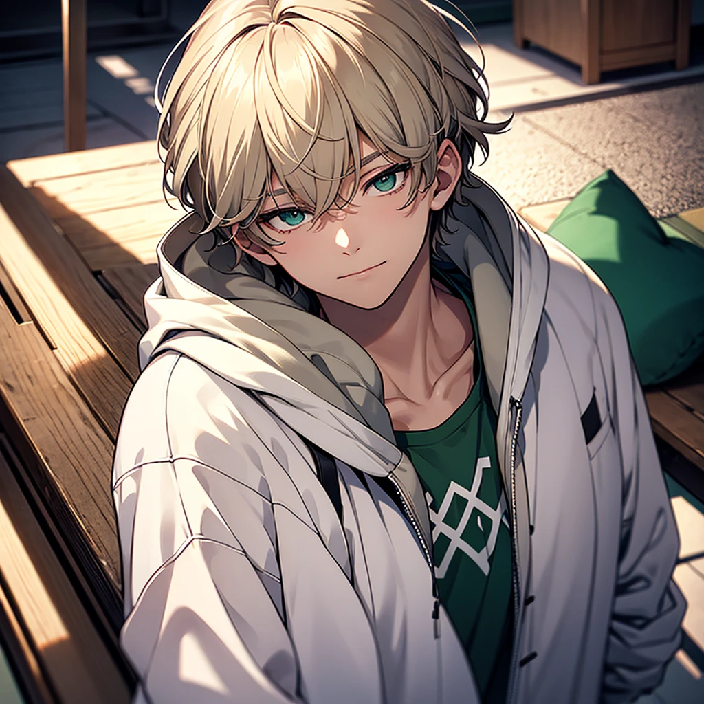 Soft boy with twenty years old,white shortcut hair,green sleepy eyes ,soft smile,sweatshirt