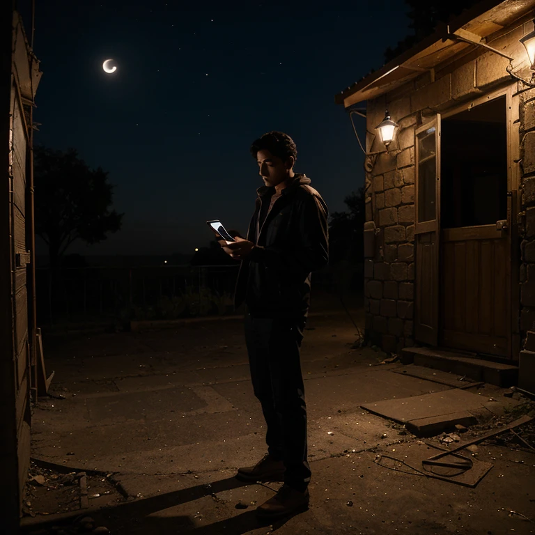 Create a picture based on this story After many nights of exploration, Amzar knew it was time to bid farewell to Nightfall Attraction. He returned the mobile phone to its place, carrying the memories and lessons with him.