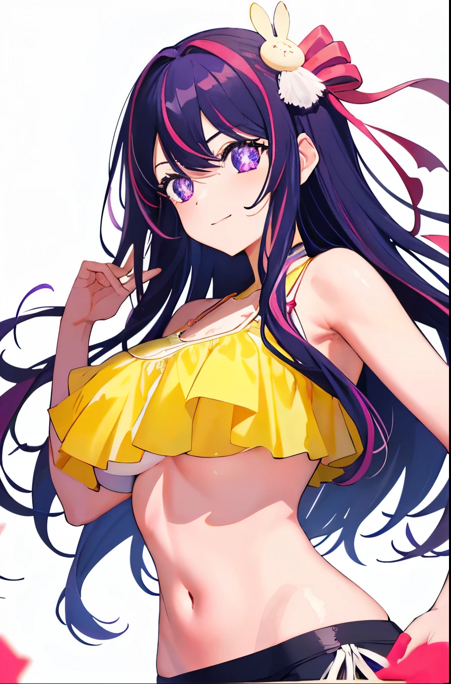 1girl, Hoshino Ai, Long hair, purple hair, Streaked Hair ,violet eyes, star-shaped pupils, hair ornament, (tmasterpiece), (beste-Qualit), (overdetalization),(messy  hair),(illustartion), (a 1girl), stands, Model, looks at the viewer, (interview), (Simple background), beautiful detail eyes, Gentle beautiful face, soaring, (high saturation), (Colorful splashes), Colorful Bubble, (radiance), facial focus, (radiance), better lighting, better shadow, (tmasterpiece, hiquality, beste-Qualit), Happy, super happy, big breast, sports bra, sexy, hot, big breast, cleavage , summer outfit, bikini, swim suit