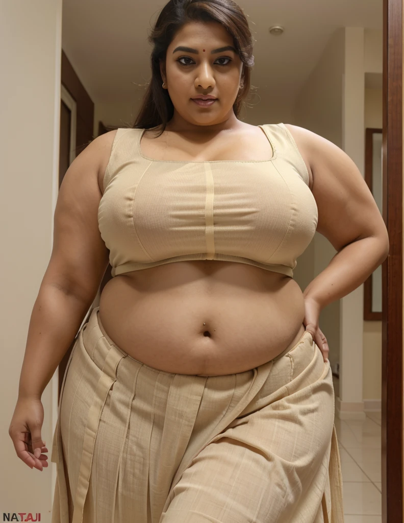 Foto RAW, photorealistic, photography, full body shot, master shot, goddess like beauty, perfect plus size mallu Desi aunty bhabhi,Wearing blouse and skirt, fat belly,, low hip, big navel, wide hips, macro shot