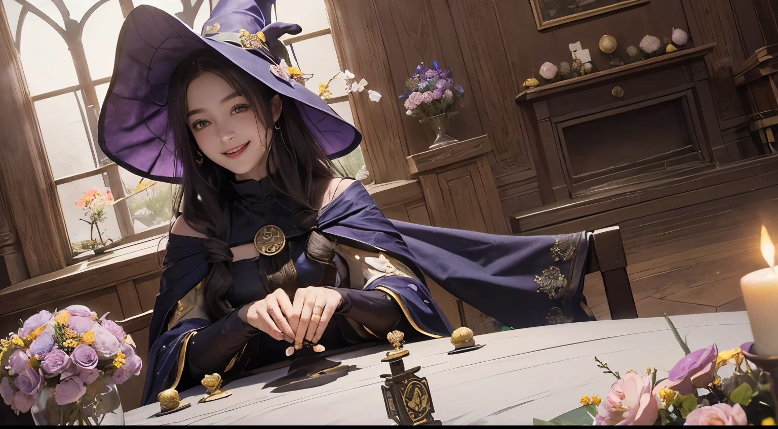 masterpiece、highest quality、Depth of written boundary、Perfect lighting、A mysterious fortune teller doing tarot readings at a table、(((One young girl fortune teller、Cute Dresses、Witch's Pointy Hat、smile)))、かわいい女の子の占い師はタロットカードをsmileで眺めている、((Classic and beautiful tarot cards are laid out on the table.))、A background that evokes a soothing space、(((The room is decorated with colorful seasonal flowers.)))、courtyard、Lots of flowers、Sparkly air、