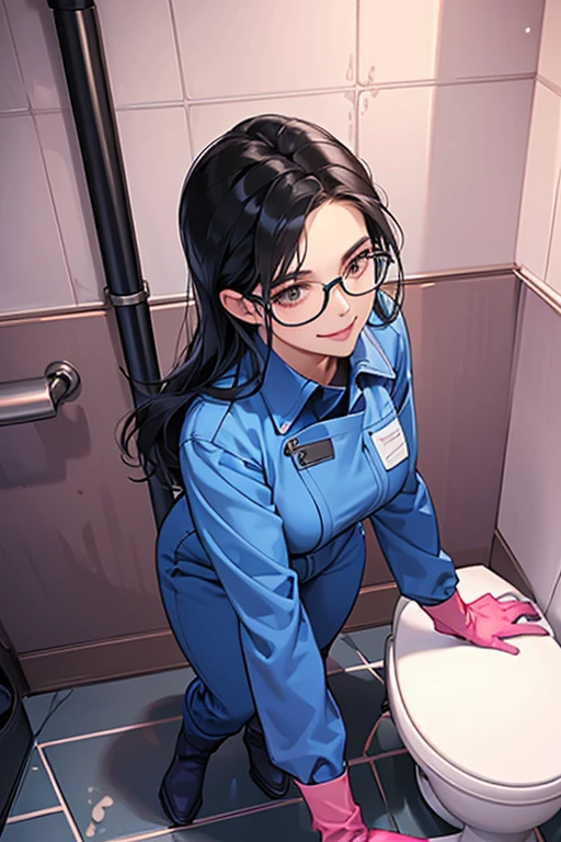 A mature woman with black hair and glasses wearing a blue long-sleeved jumpsuit, pink long rubber gloves and white rubber boots, cleaning a toilet with a gentle smile