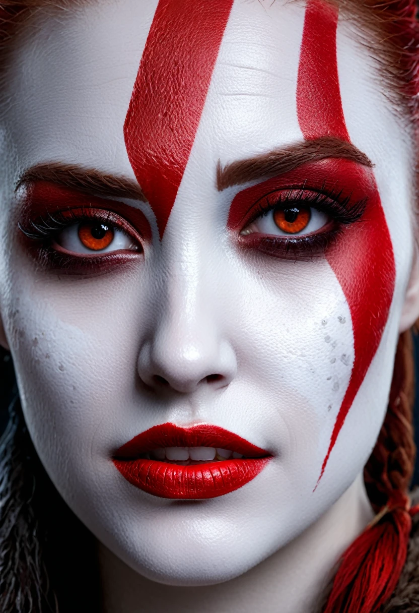 The image features a close-up of a woman's face with white and red makeup, representing the character from the video game God of War.