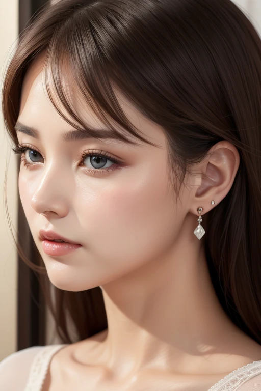 A pretty woman, delicate features directed gaze, Earrings