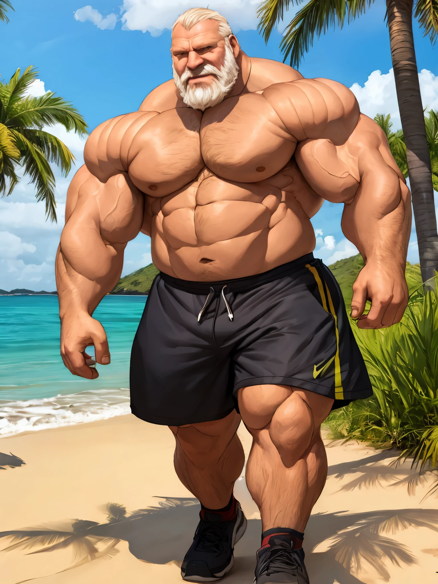 Huge muscular old man walking in beach, shorts and topless
