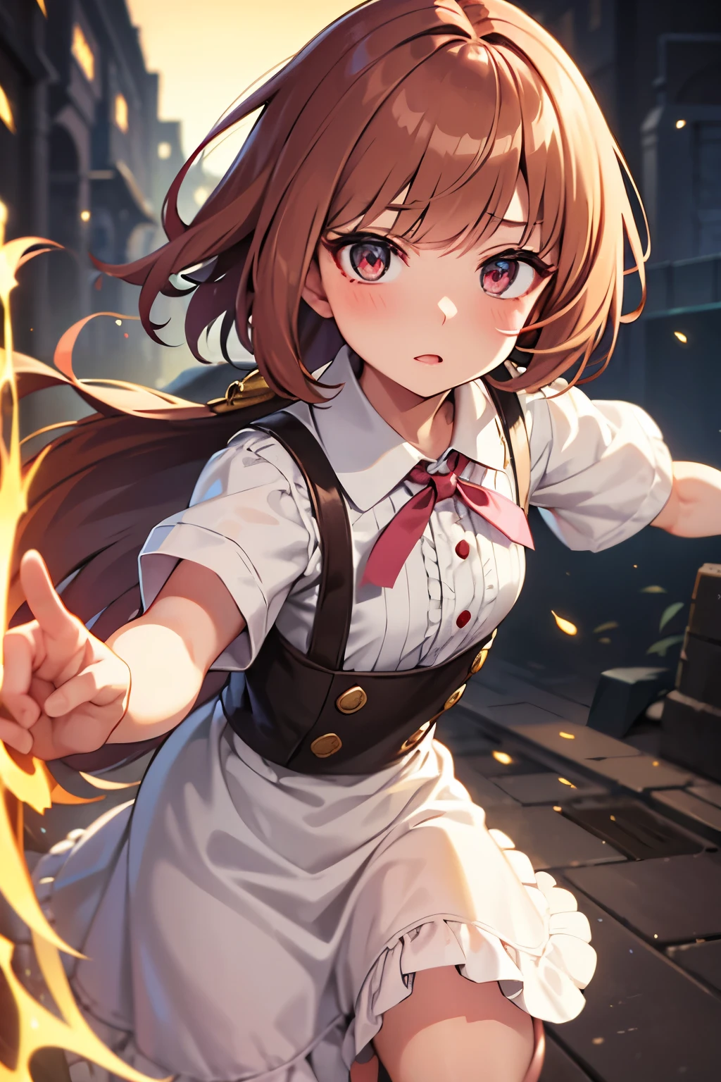 Particularly distinctive are Blunt bangs,Blunt bangs, chin length, without vertical parting,Pinkish-Brown hair and large gold-brown tinted eyes,Soft skin tone with a hint of blush on the cheeks,A small nose and a lively,Wearing a blouse with a white collar and a blue apron,Pose running forward,Threatening expression,background pure white,Monster Hunter style,have a big hammer
