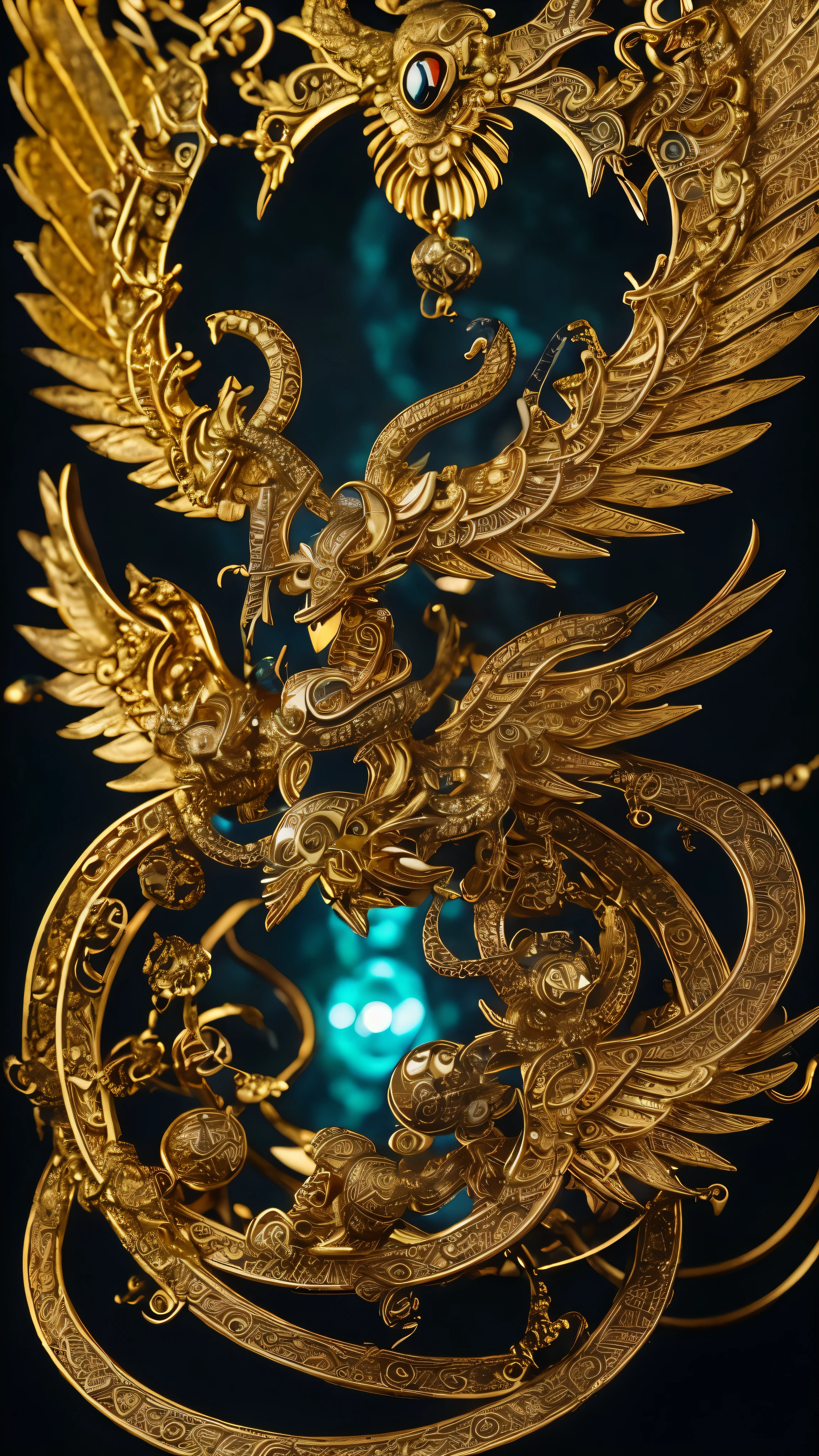 He provided an exquisite depiction of a grown man encountering two snake gods, Quetzalcoatl and Kukulcan.、Highest resolution masterpiece。Snake God々teeth、With enchanting Aztec gold ornaments and a thunderous aura、Emerging with magnificent wings and feathers。A charming and exotic boy with teeth、Snake God with a mixture of reverence and awe.々I am staring at。Quetzalcoatl Teeth、With a long, slender body decorated with gold and spreading its wings、It reveals intricately detailed golden scales.。Kukulcan、Feathered snake、Winding the tuna