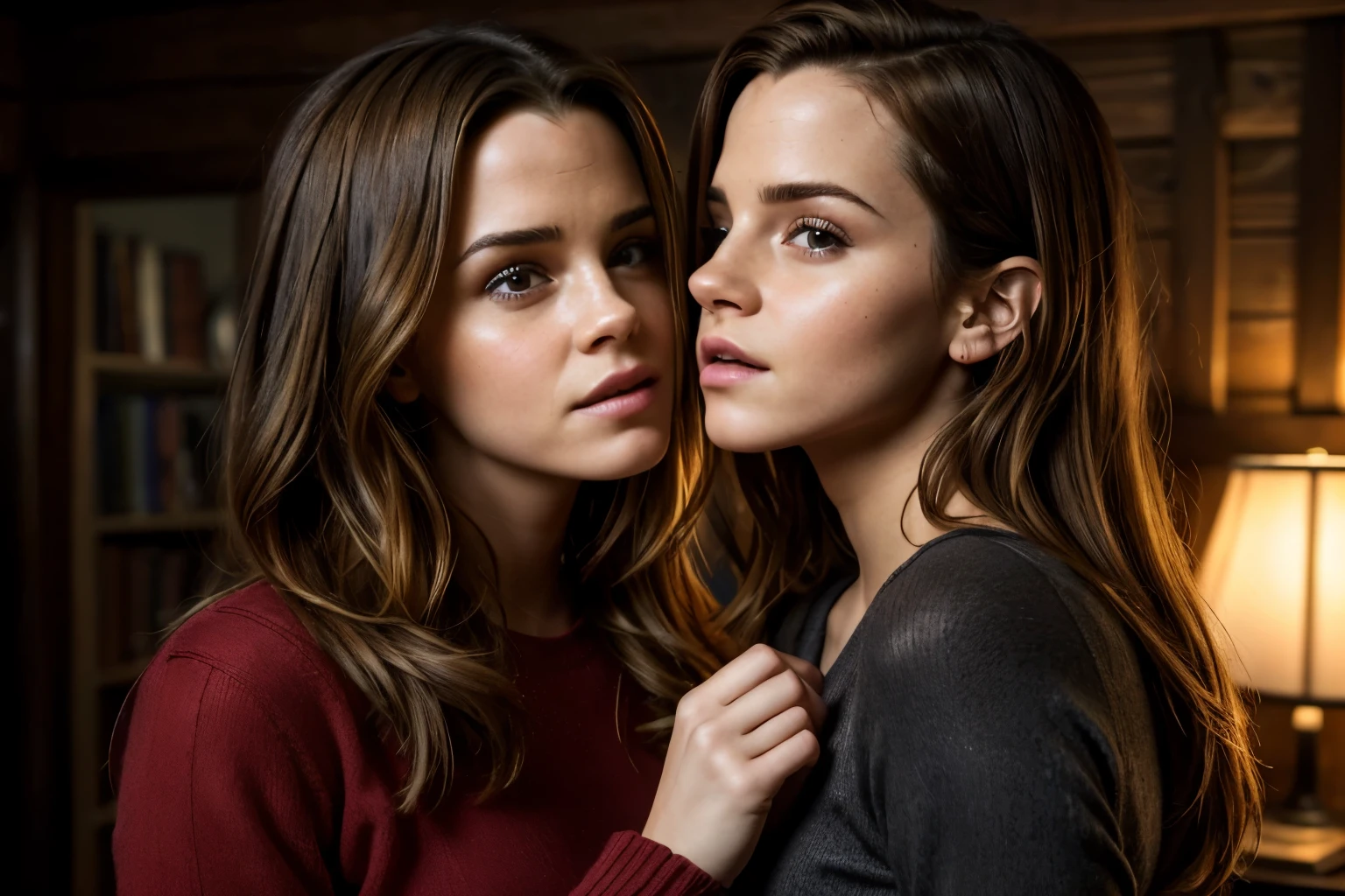 Two girls in a cabin in the woods, (2girls:1.1), dressed in tight pajamas, (puckered lips, lips so close, almost kissing:1.3), (Emma Watson:1.2), (Kate Beckinsale:1.25), (skin texture:1.1), (high detail face:1.1), full bodyshot, high detail body, high detail clothes, smiling seductively, (masterpiece), (realistic), ultra high definition, 4k, ultra high resolution, film grain, cinematic lighting, rim lighting, photo by Arny Freytag, RAW image