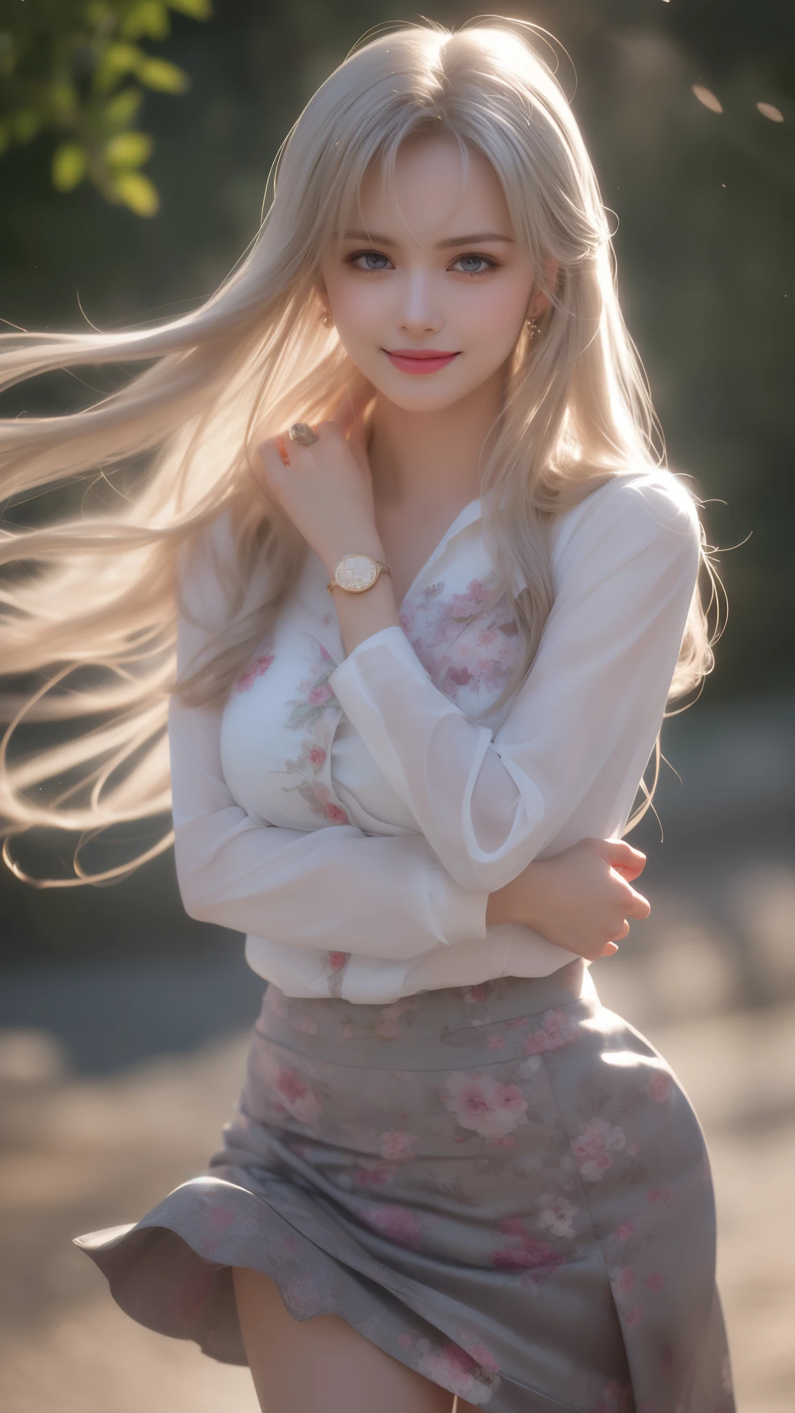 (best quality,ultra-detailed,photo-realistic:1.37),extremely beautiful eyes, Bright and Vibrant colors,studio lighting, playful expression, Extremely detailed eyes, stylish makeup,Beautiful Fashion Model Posing, floral pin up style uniform, ((translucent tight skirt)), Slim Figure, Medium BREAST, high fashioned, amazing cleavage, silver hair flowing in the wind,alluring eyes,glossy lips,sexy pose, smiling in a confident and seductive way, posing for a professional photoshoot, shallow depth of field, highlighting the main subject, soft natural lighting, creating a dreamy and magical atmosphere.