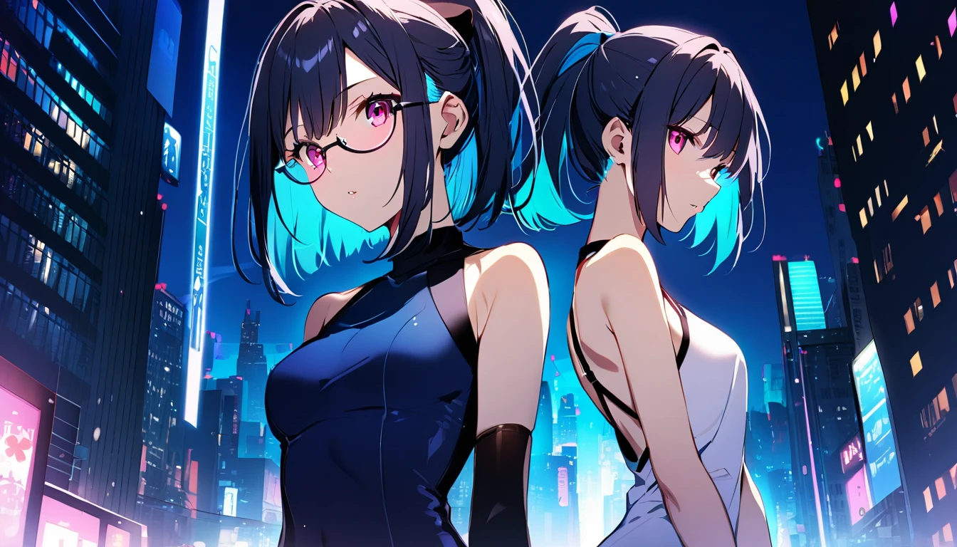 (best quality, 4k),((one girl, skinny body, size, short hair, high ponytail hairstyle, dark blue outer hair, (cyan inner hair), pink eyes, wears contact glasses)). (city nights background)