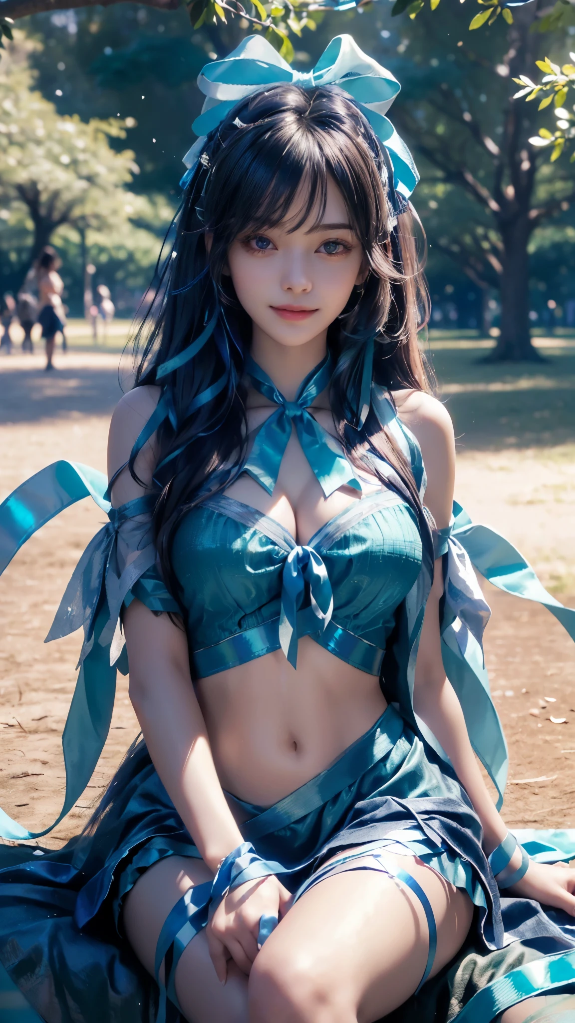 (ultra-realistic realism), (illustratio), (A high resolution), (8K), (The is very detailed), (Best Illustration), (Beautifully detailed eyes), (top-quality), (ultra - detailed), (tmasterpiece), (HD Color), 1 girl, ((24 years old girl)), (A detailed face), solo, 1 girl in, looking at viewert, finedetail, A detailed face, in the darkness nigth, deep shading, low tune, pureerosfaceace_V1, A smile, blue shawl ,straight hair, 46-point diagonal bangs, (beautiful stomach, strips), (shining ribbon:1.5), (cropped shoulders), (in the park:1.5), lake, cute sitting pose, 2 finger pose,