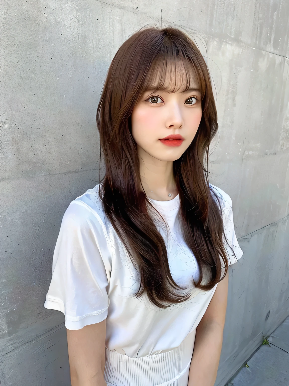 highest quality, woman, Age 25, s, 35mm lens,, Cowboy Shot, Concrete Background、Mortar style background、Reddish-brown hair color、Spring Clothes,Mortar wall,From below、Straight hair、Straight hair、Shiny Hair,Silky Hair,"Reddish-brown hair color",Bob、short、short、short、short、Bob.Bob、Bob、short、short、short、short
