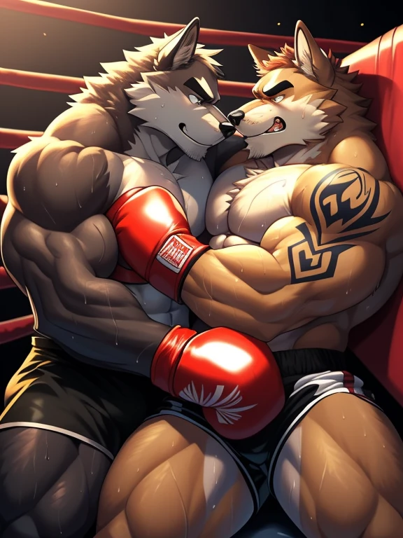 Duo big male fighters(Brown Wolf vs Marrow Wolf, handsomes, Thick eyebrows), beso gay(Cuddling lying down embraced, after of a boxing match), hot(Full body, shirtless), handsomes(They are handsomes, correct anatomy), musculosos(Big muscle bodies, Six packs, muscle abs, big pecs, muscle legs, muscle backs), sweaty(very sweaty wet bodies), tatuajes(they have tattoos), Angry(They have an angry expression), boxing gloves(They both are wearing reds boxing gloves), shorts(They both are wearing black shorts), Hight resolution