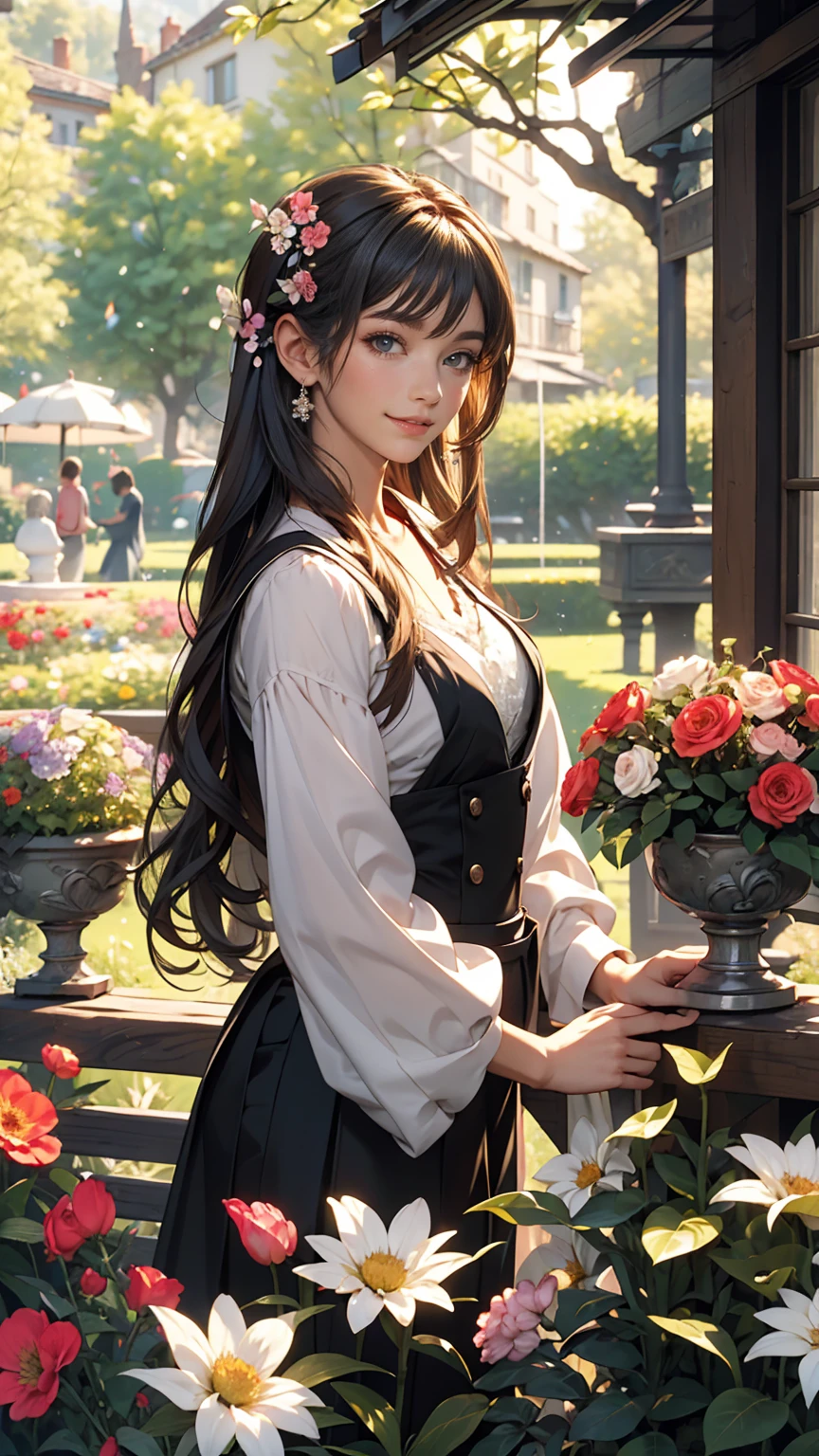 Claude Monet 、Blooming Garden、A young lady's misty blue classical skirt, vest and cavalier blouse、French woman、White、Silver Hair、blue eyes、Wavy hair、Smile