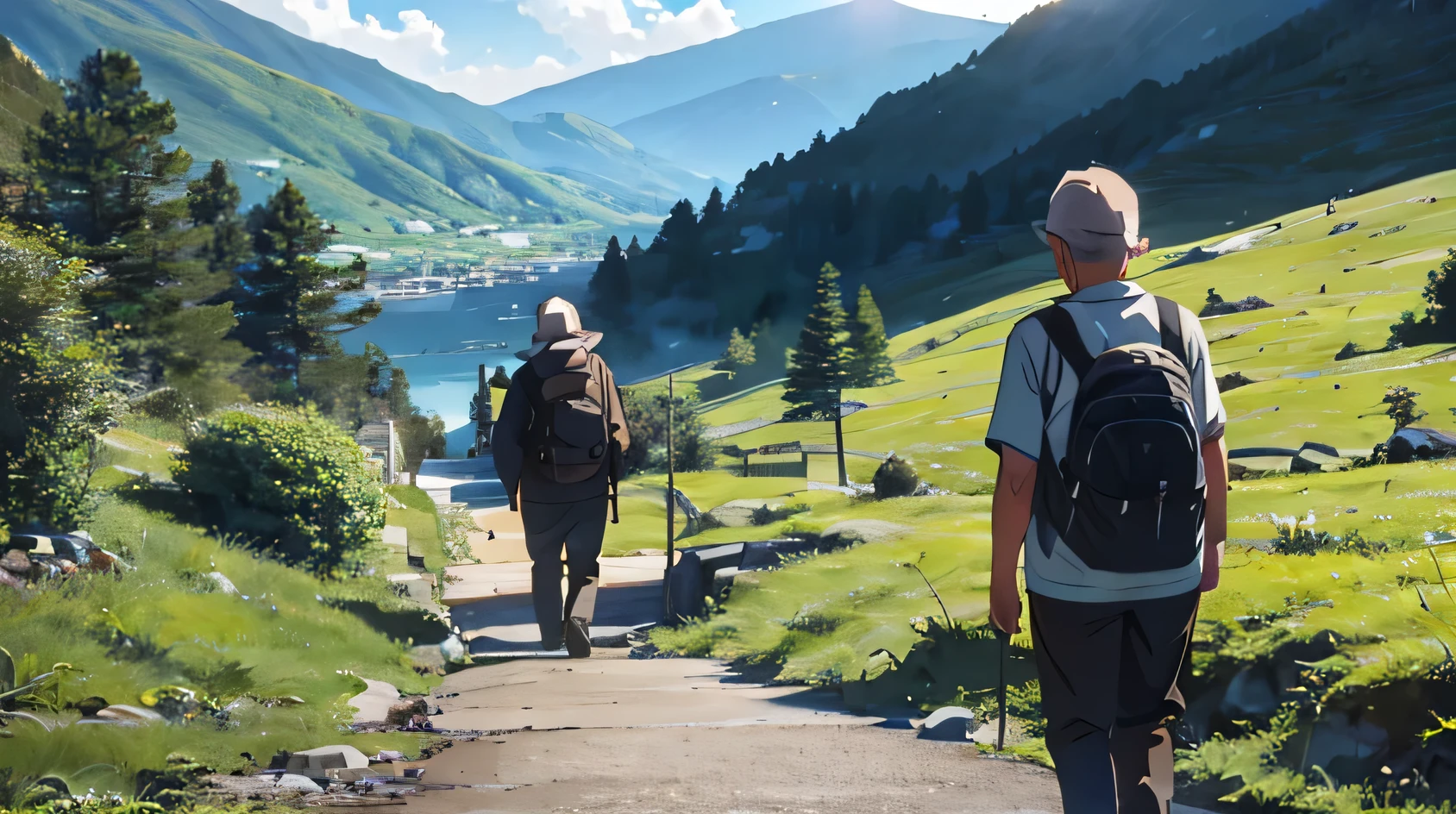 Back view of an elderly man walking while looking down、Mountain trail