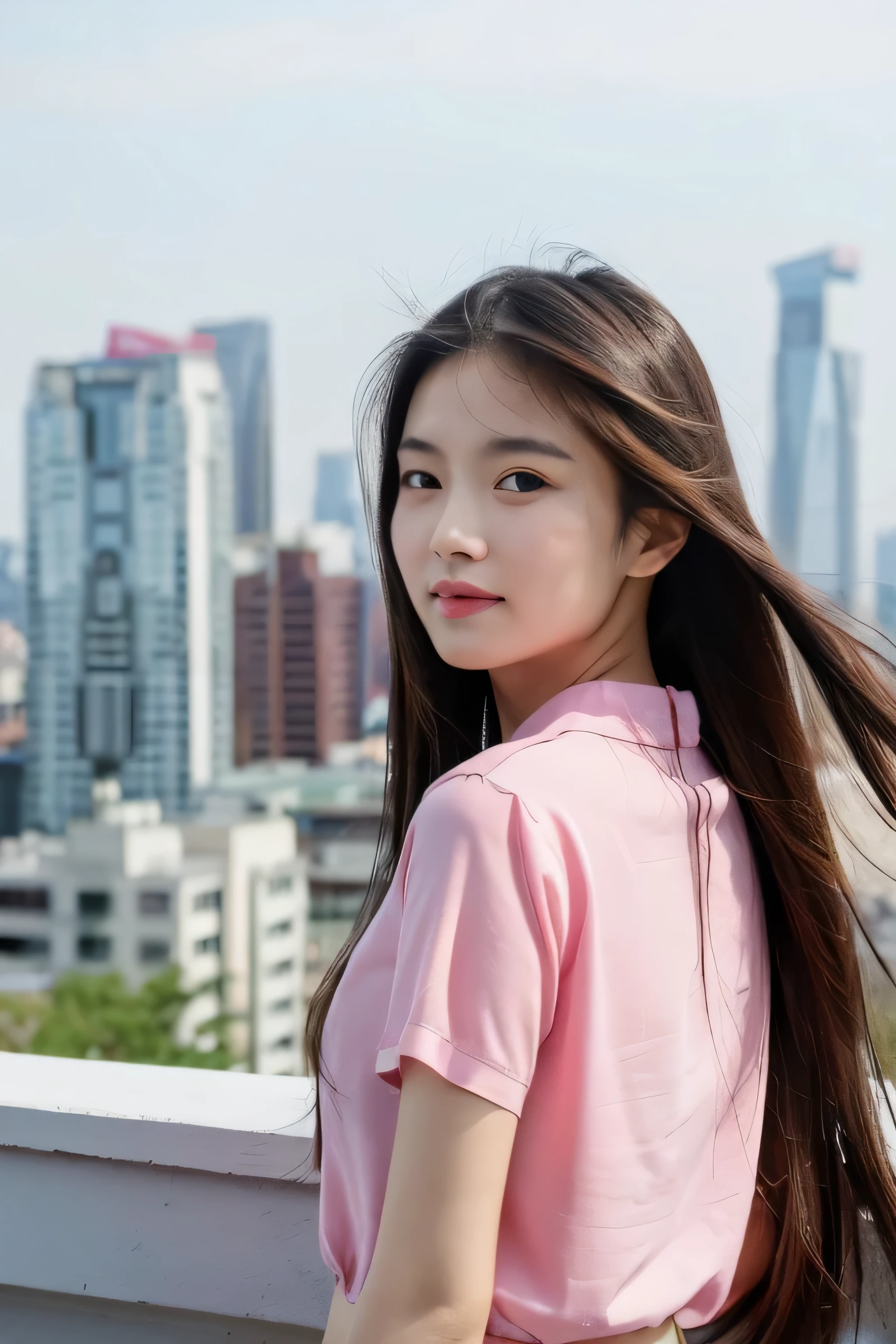 ((best quality)), ((masterpiece)), (detailed), perfect face, asian girl with long hair, pink shirt, in the rooftop with city view