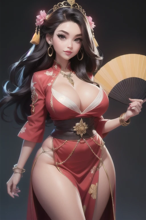 (masterpiece:0.8),best quality,
Comprehensive comparison,Gongbi painting,1 girl,solitary,beads寶,Hand fan,red Lips,Chinese clothes,Black Hair,Simple background,Looking at the audience,earrings,Keep fan,red skirt,Hair accessories,Keep,Smile,Lipstick,红nail,cosmetic,ring,tassel,Long sleeve,necklace,skirt,have,beads,nail油,shut up,black eyes,Everlasting,Paper fan,bracelet,Long hair,Weaving,gem,flower,Wide sleeves,Brown eyes,Lips,Black headdress,robe,Book,Forehead Mark,Hair Bun,Hair stick,crown,nail,mole,(Mature female , Large Breasts,Breast sagging、((Cleavage))cleveage, Clive Arch、Thick thighs, Wide hips, Curvy beauty, Perfect body)