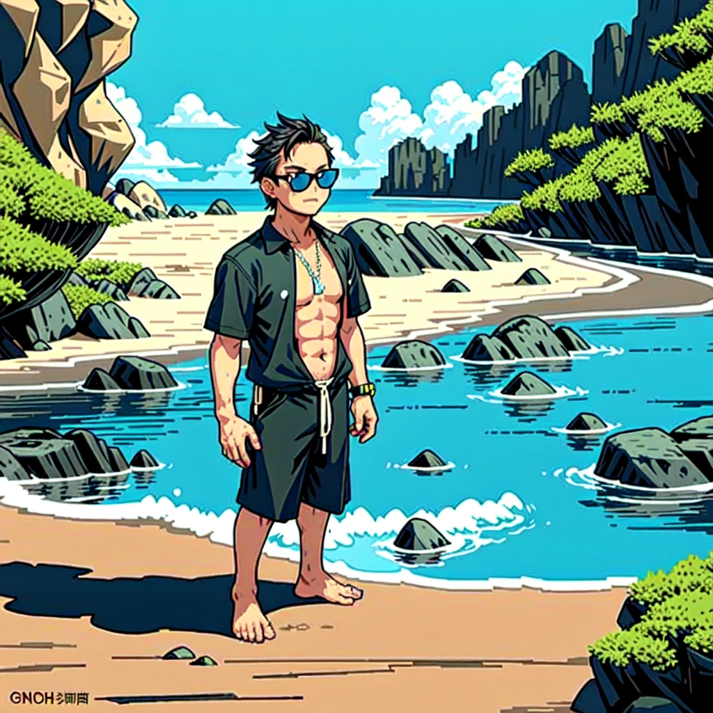 (masterpiece, top quality, best quality), pixel,pixel art,1man,beach,black glasses,sun bathing,full body