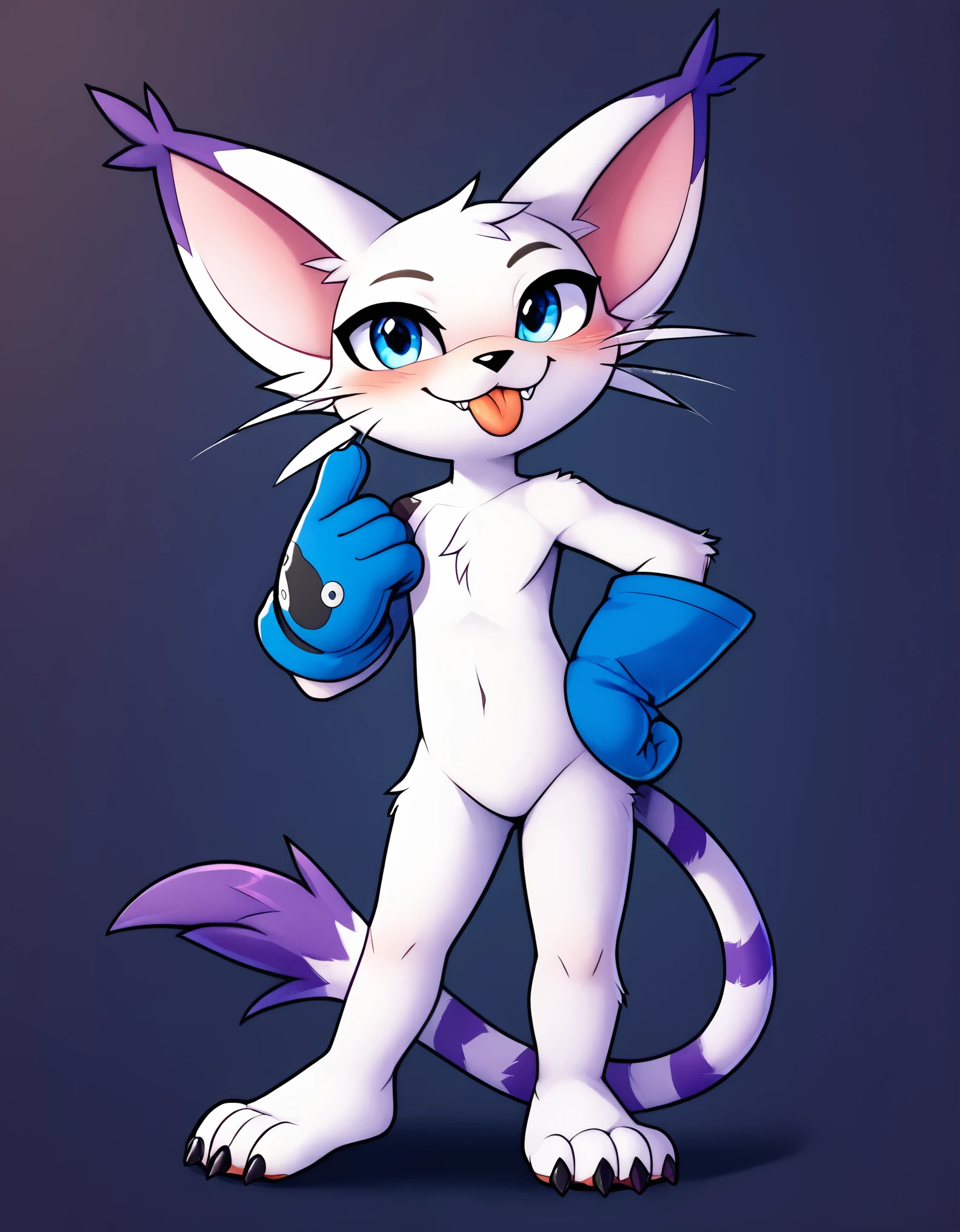 cheesoart, bandai_namco, digimon, digimon_(species), felid, feline, gatomon, mammal, 2024, absurd_res, full-length_portrait, hi_res, portrait, ambiguous_anthro, ambiguous_gender, black_nose, blue_eyes, blush, clothing, cute_fangs, dipstick_ears, ear_tuft, eyelid_pull, eyelid_pull_taunt, featureless_crotch, front_view, glistening, glistening_eyes, gloves, gloves_only, hand_on_hip, handwear, handwear_only, leaning, leaning_forward, looking_at_viewer, looking_up, markings, mostly_nude, multicolored_ears, paw_gloves, plantigrade, raised_tail, simple_background, solo, standing, striped_markings, striped_tail, stripes, tail, tail_markings, tail_tuft, tongue, tongue_out, tuft, whiskers, yellow_background