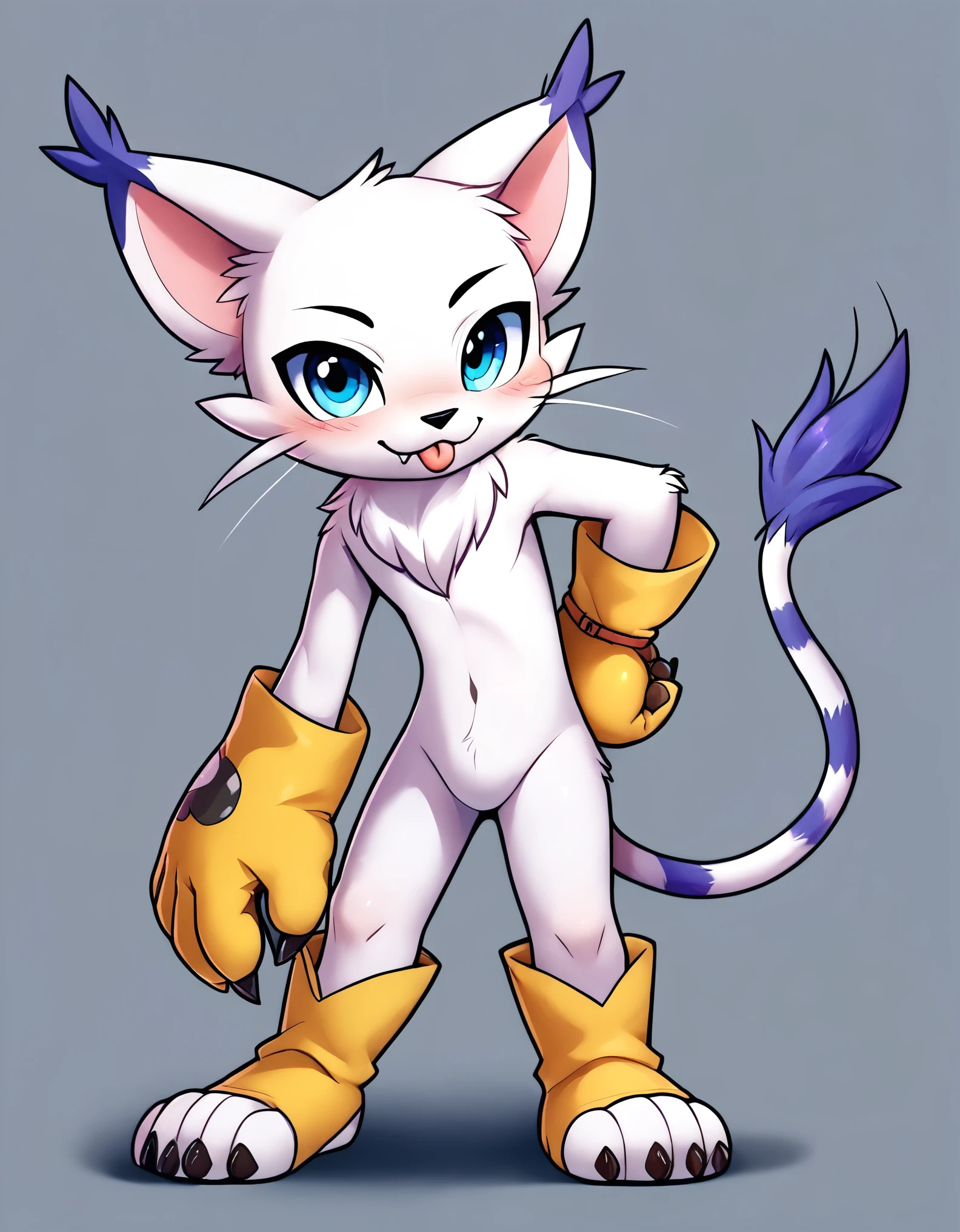 cheesoart, bandai_namco, digimon, digimon_(species), felid, feline, gatomon, mammal, 2024, absurd_res, full-length_portrait, hi_res, portrait, ambiguous_anthro, ambiguous_gender, black_nose, blue_eyes, blush, clothing, cute_fangs, dipstick_ears, ear_tuft, eyelid_pull, eyelid_pull_taunt, featureless_crotch, front_view, glistening, glistening_eyes, gloves, gloves_only, hand_on_hip, handwear, handwear_only, leaning, leaning_forward, looking_at_viewer, looking_up, markings, mostly_nude, multicolored_ears, paw_gloves, plantigrade, raised_tail, simple_background, solo, standing, striped_markings, striped_tail, stripes, tail, tail_markings, tail_tuft, tongue, tongue_out, tuft, whiskers, yellow_background