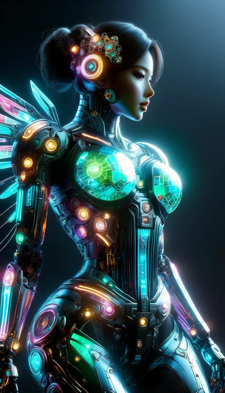 Beautiful female mecha, Translucent mech, Iridescent neon color wiring diagram and LEDs all over face and body, Photo frames and backgrounds mixed and fused with steampunk, Cyberpunk and Clockpunk, Background Analysis Room, (Full body shot:1.5), (Mechanical shoes:1.2), (Black laser stockings), Super Fine, Unbelievably ridiculous, Extremely detailed, Delicate and dynamic, Surrealism, rococo style, Cubist Futurism, Futurism, first-person view, pov, (anatomically correct), best quality, 8k, UHD, masterpiece, ccurate, textured skin, super detail, award winning, best quality