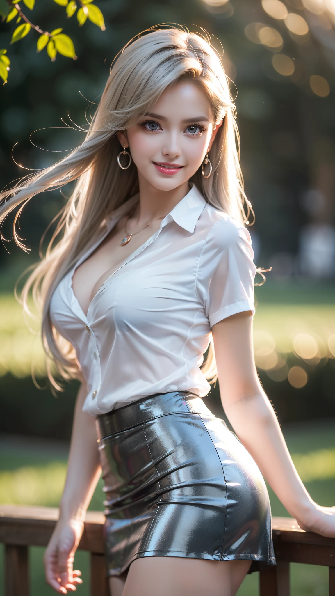 (best quality,ultra-detailed,photo-realistic:1.37),extremely beautiful eyes, Bright and Vibrant colors,studio lighting, playful expression, Extremely detailed eyes, stylish makeup,Beautiful Fashion Model Posing, floral pin up style uniform, ((translucent tight skirt)), Slim Figure, Medium BREAST, high fashioned, amazing cleavage, silver hair flowing in the wind,alluring eyes,glossy lips,sexy pose, smiling in a confident and seductive way, posing for a professional photoshoot, shallow depth of field, highlighting the main subject, soft natural lighting, creating a dreamy and magical atmosphere.