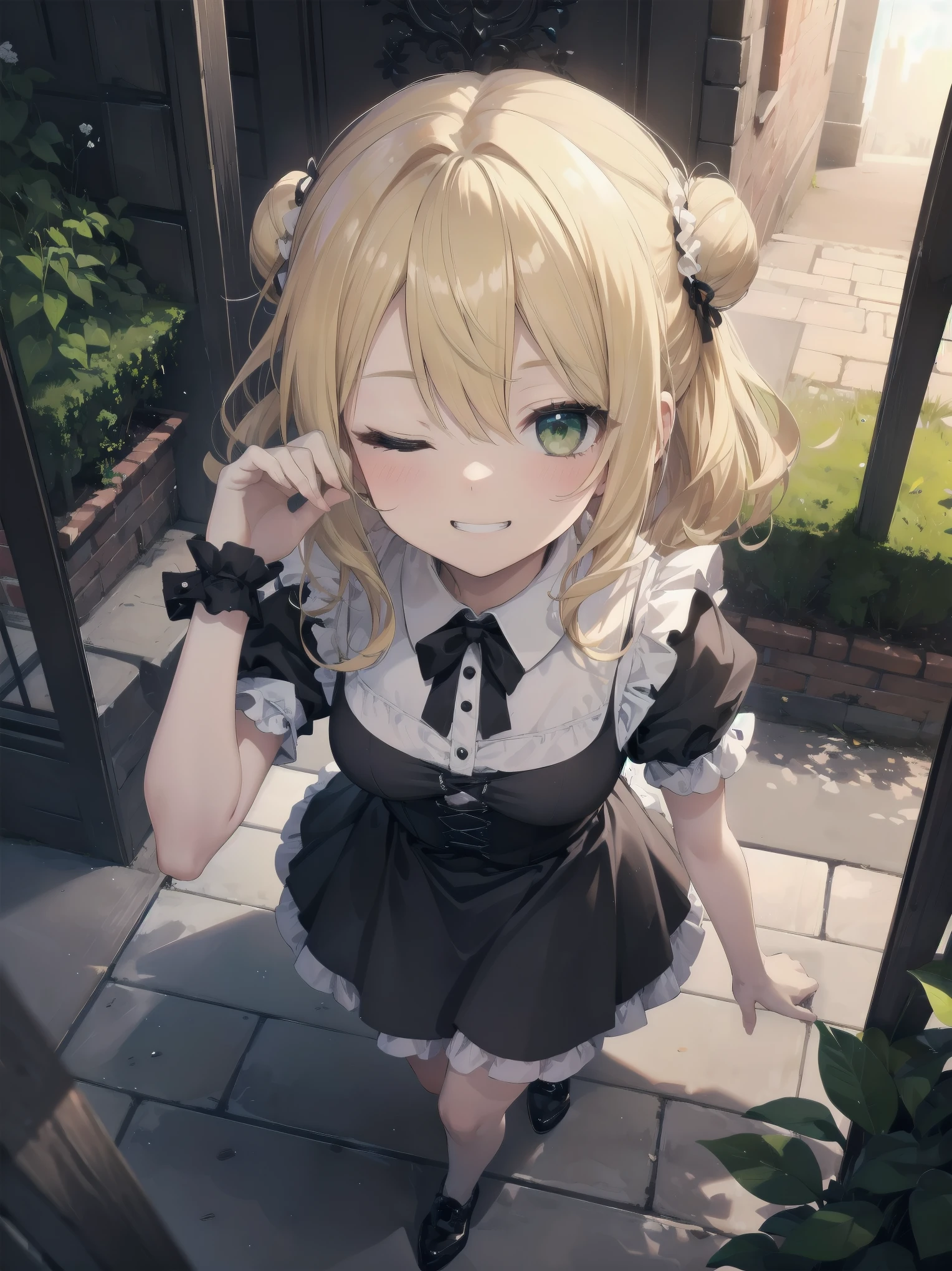 Masterpiece, Top Quality, One Girl, Solo, (Masterpiece: 1.2), (Top Quality: 1.2), Perfect eyes, perfect face, perfect lighting, sunlight, outdoors, marquis mansion, one girl, blonde hair, yellow-green eyes, one eye closed, (((wavy hair))), bun head, medium hair, ((gothic maid)), Cute eyes, closed mouth, ((from above)), ((front)), ((open legs)), ((grin)), cute pose.
