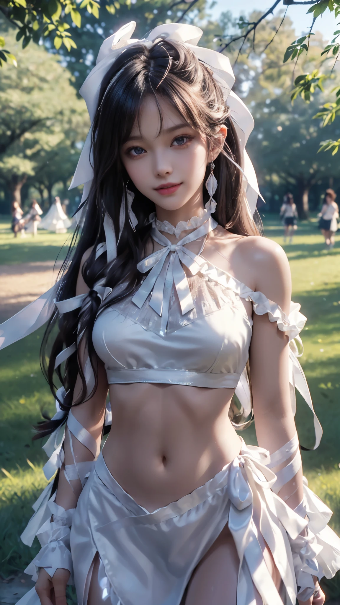 (ultra-realistic realism), (illustratio), (A high resolution), (8K), (The is very detailed), (Best Illustration), (Beautifully detailed eyes), (top-quality), (ultra - detailed), (tmasterpiece), (HD Color), 1 girl, ((24 years old girl)), (A detailed face), solo, 1 girl in, looking at viewert, finedetail, A detailed face, in the darkness nigth, deep shading, low tune, pureerosfaceace_V1, A smile, white shawl ,straight hair, 46-point diagonal bangs, (beautiful stomach, strips), white clothing, (shining ribbon:1.5), (cropped shoulders), (in the park:1.5), lake, back pose,