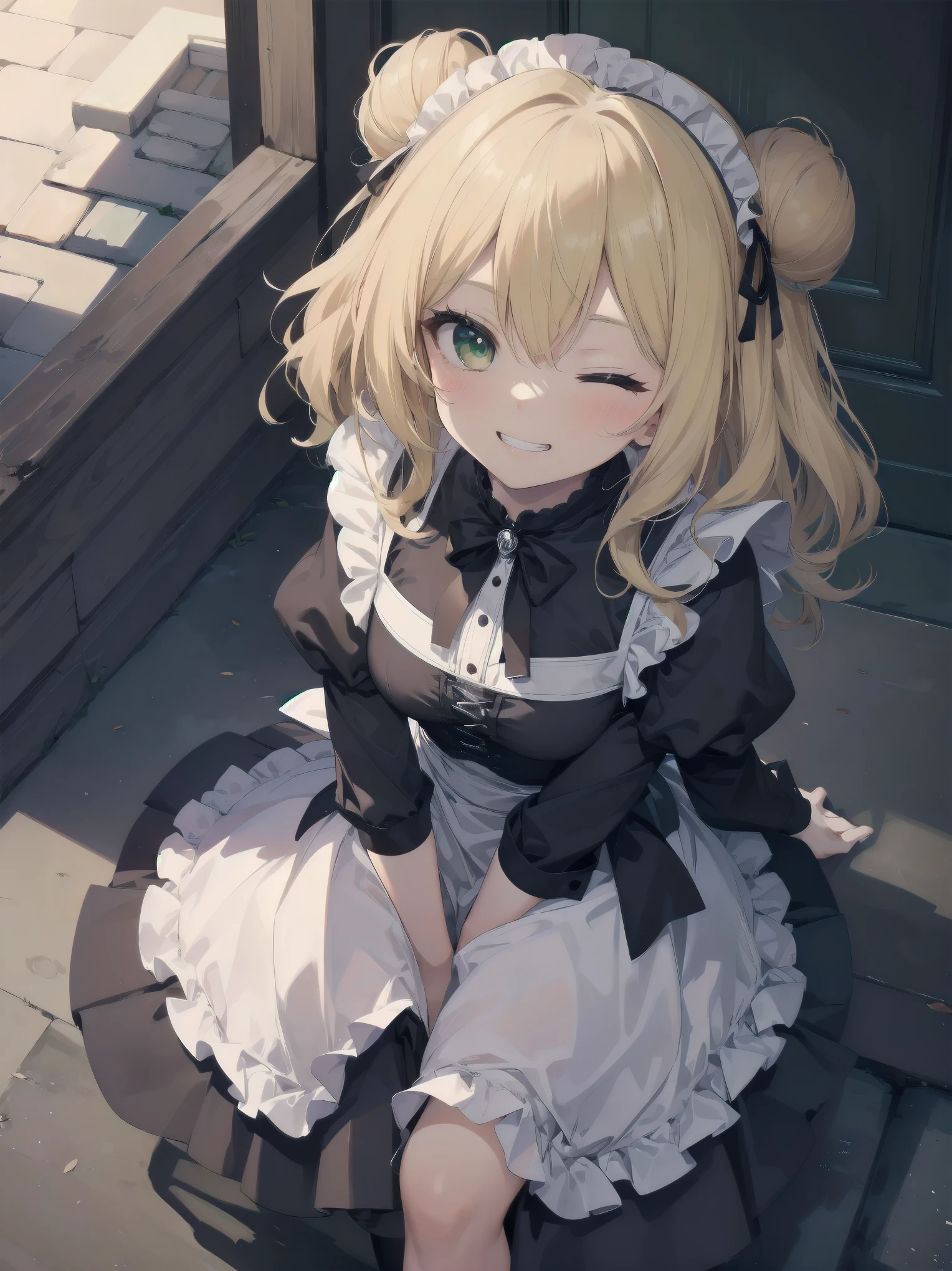 Masterpiece, Top Quality, One Girl, Solo, (Masterpiece: 1.2), (Top Quality: 1.2), Perfect eyes, perfect face, perfect lighting, sunlight, outdoors, marquis mansion, one girl, blonde hair, yellow-green eyes, one eye closed, (((wavy hair))), bun head, medium hair, ((gothic maid)), Cute eyes, closed mouth, ((from above)), ((front)), ((open legs)), ((grin)), cute pose.